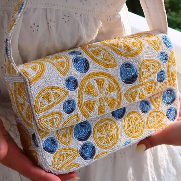 Handbags - Beaded Shoulder Bag | Lemon Purse | Blueberry Purse | Amalfi Coast Bag